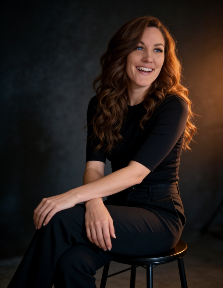 Webdesign Thüringen - Nicola Anders Lächelnde Frau mit blonden Haaren, die an einem Tisch arbeitet und Notizen macht.